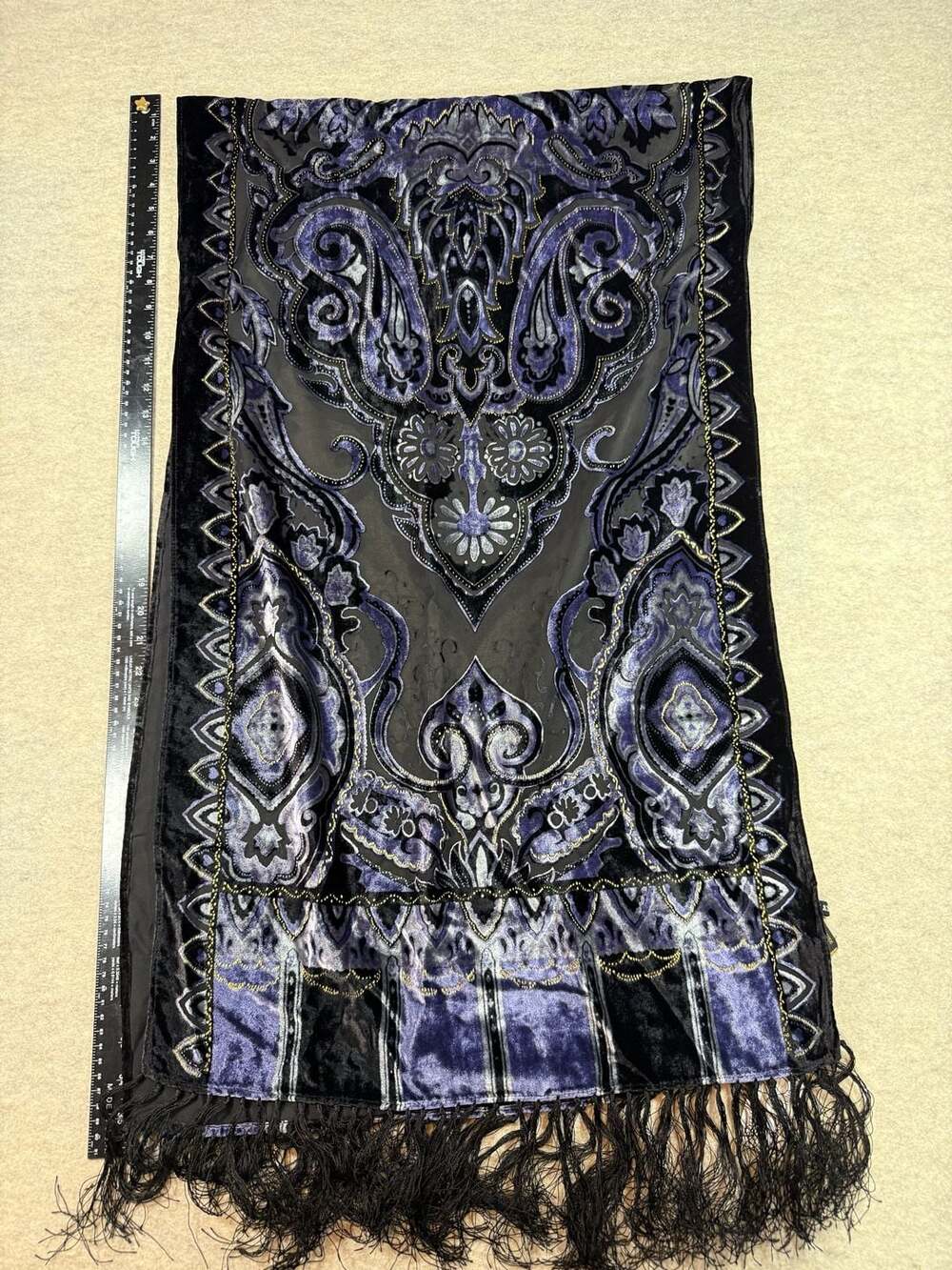 Tan's Velvet Burnout Paisley Scarf with Fringe